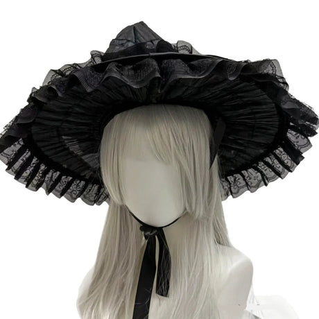 Gothic Witch's Hat Black Ruffled Lace Rose Bow Ribbon Halloween Party Cosplay Costume Props Decor