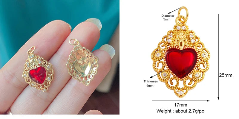 Red and Gold Sacred Heart Charms 18K Gold Plated for Jewellery Making