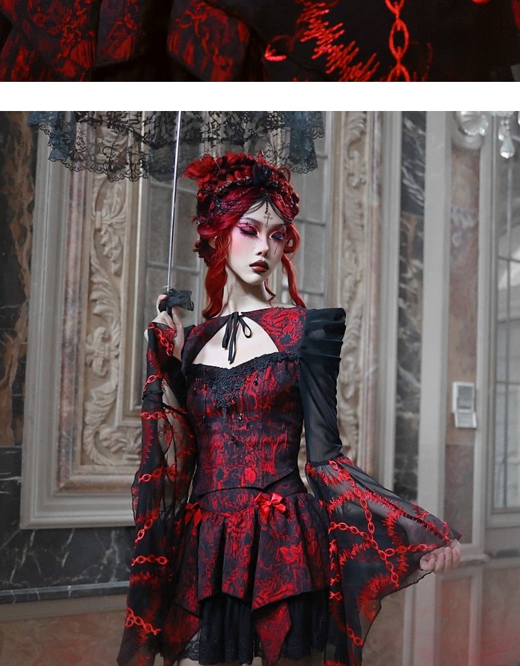Red Gothic Embossed Jacquard Lace Top & Skirt