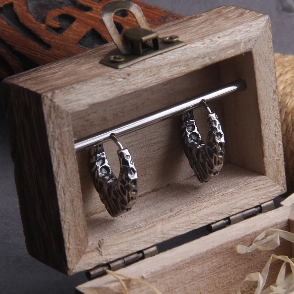 Viking V Stainless Steel Huggie Hoop Earrings for Men with Wooden Box
