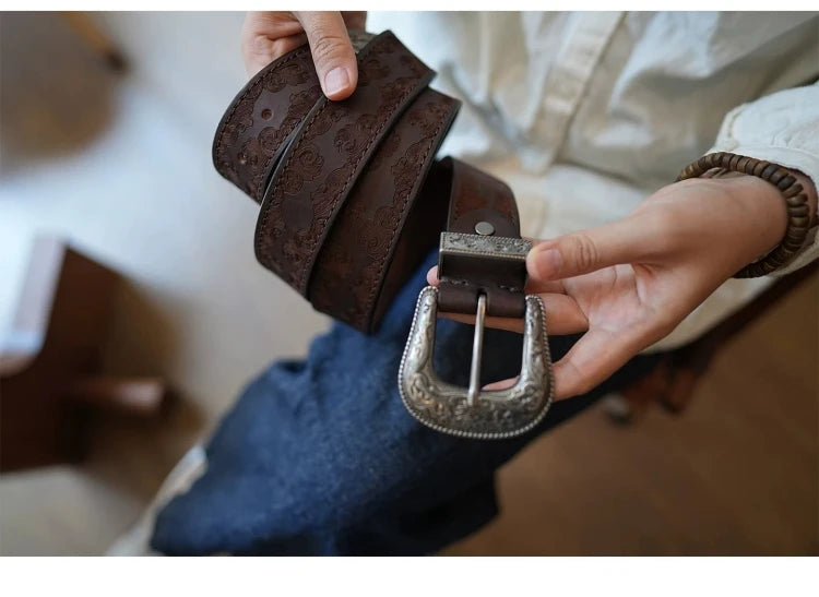 Bobby Ray's Genuine Leather Western Cowboy Court Style Embossed Steel Buckle Belt