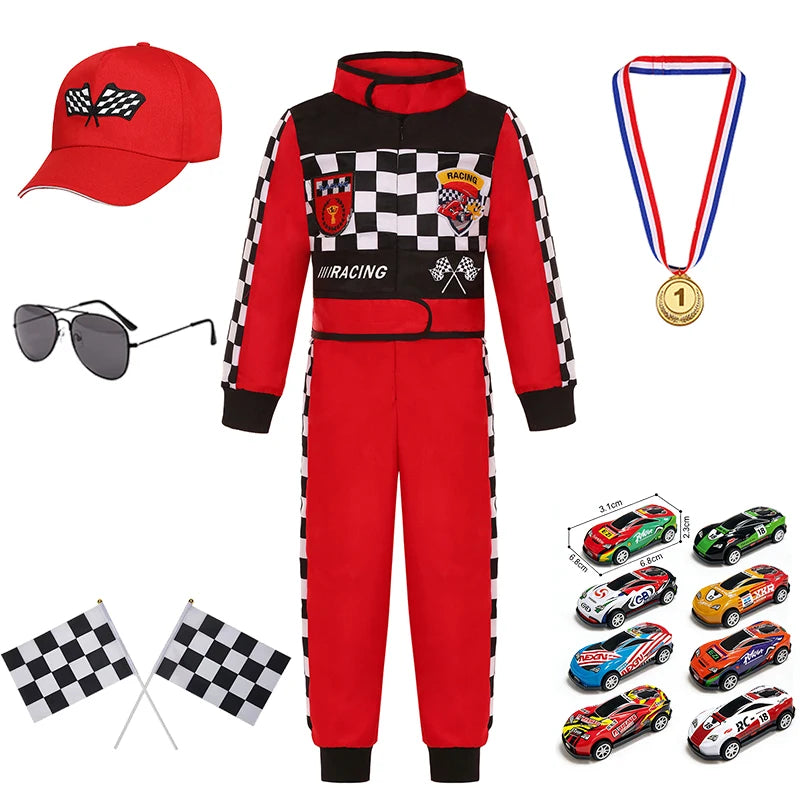 Kids Racer Costume Set Halloween Cosplay Checkered Racing Jumpsuit Boys Book Week Costumes