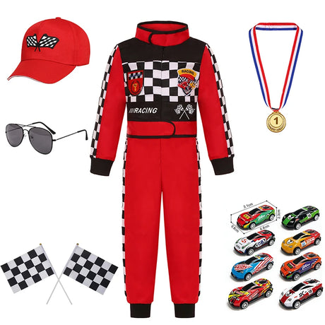 Kids Racer Costume Set Halloween Cosplay Checkered Racing Jumpsuit Boys Book Week Costumes