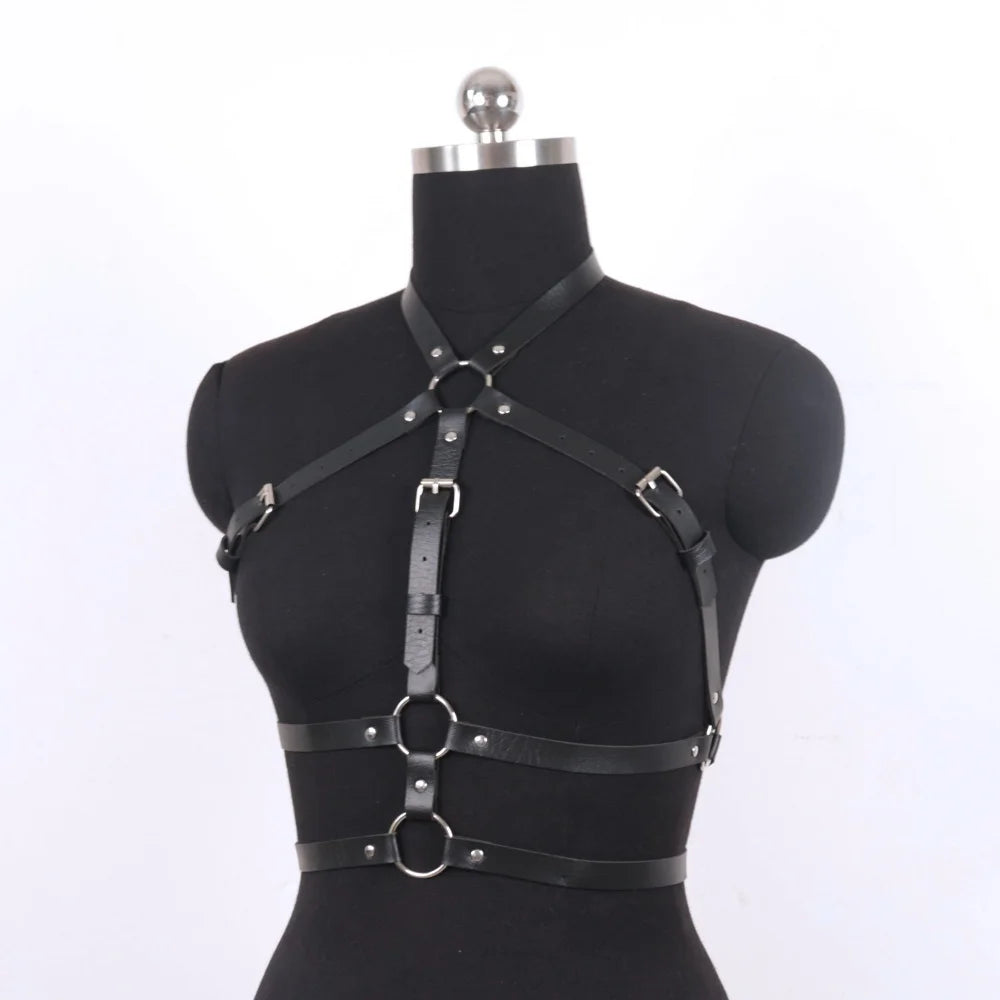Gothic Dark Faux Leather Halter Body Harness, Adjustable Chest Strap Halloween Vampire Witch Cosplay