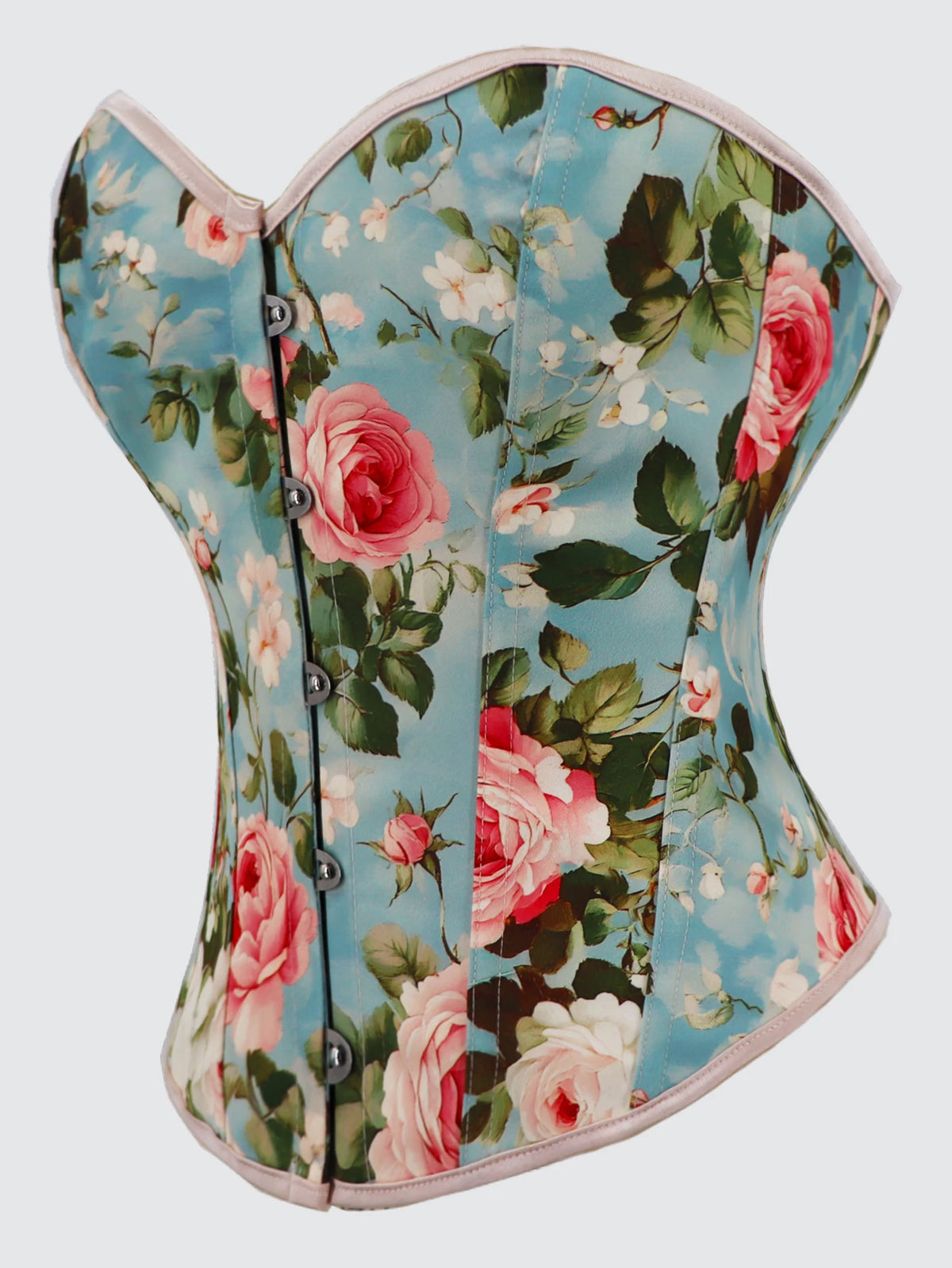 Roses and Blue Skies Floral Print Corset Overbust Corselet Bustiers