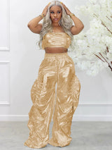 Gold Sliver Metallic Two Piece Sets Crop Top and Pants Streetwear Hip Hop Rave Festival Outfit