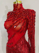 Sparkly Rhinestones Fringed Latin Dance Outfits Stage Performance Costume