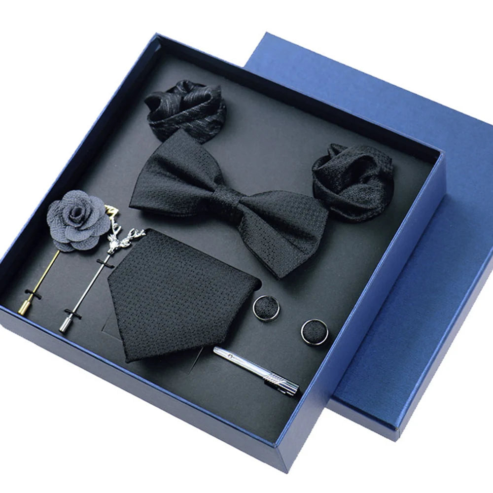Men's 8pcs Tie Set Wedding Cravat Silk Bowtie Pocket Square Cufflinks Brooch Box Set Gifts For Men