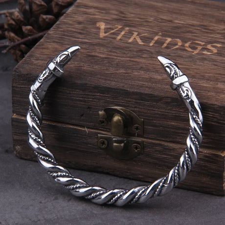 Stainless Steel Nordic Viking Norse Raven Cuff Bangle Mens Gift with Wooden Box