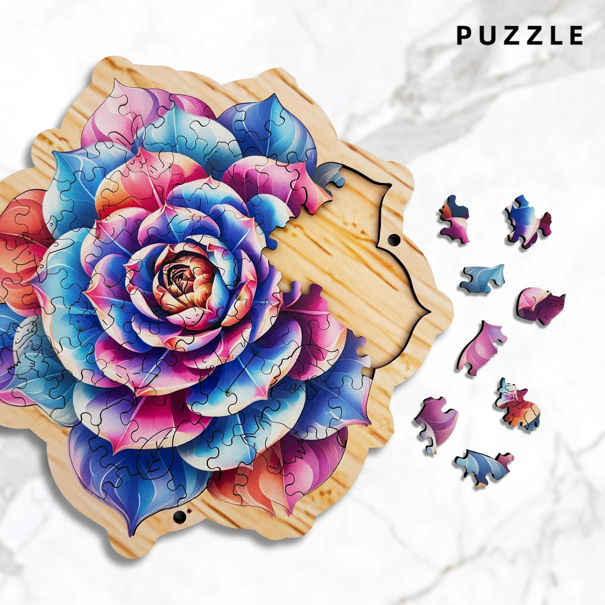 Rainbow Rose 73 Pieces Unique Shapes Wooden Jigsaw Puzzles