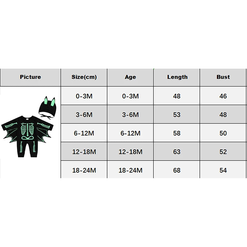 Glow In The Dark Baby Halloween Bat Costumes Long Sleeve Jumpsuit with Hat 0-24M