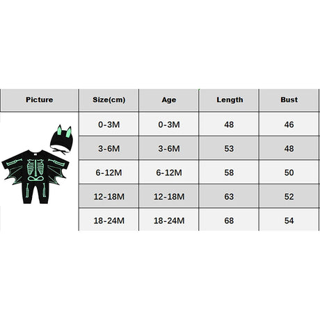 Glow In The Dark Baby Halloween Bat Costumes Long Sleeve Jumpsuit with Hat 0-24M