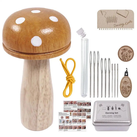 Wooden Mushroom Darning Kit Loom Complete Craft Supplies Sock Repair Kit Mending Tool For Embroidery DIY Crafts Clothes Fabric