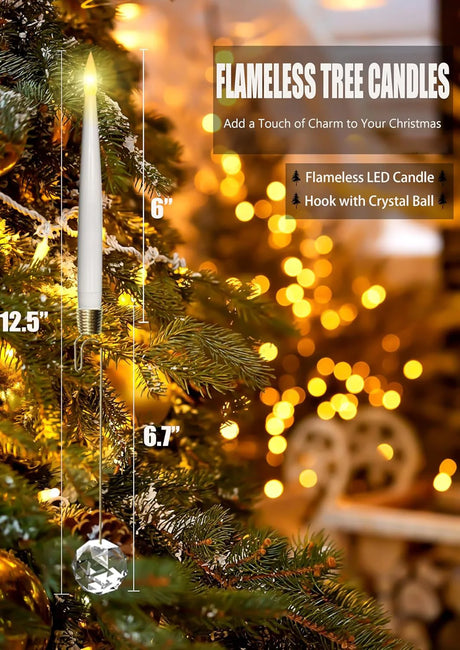 12 Pack LED Flameless Xmas Tree Taper Candles with a Crystal Ball and Gold Hook Battery Operated Remote