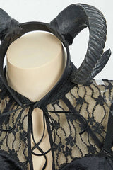 Gothic Black Devil Costume Set Lace Top Adjustable Corset with Irregular Skirt and Bat Wings for Halloween