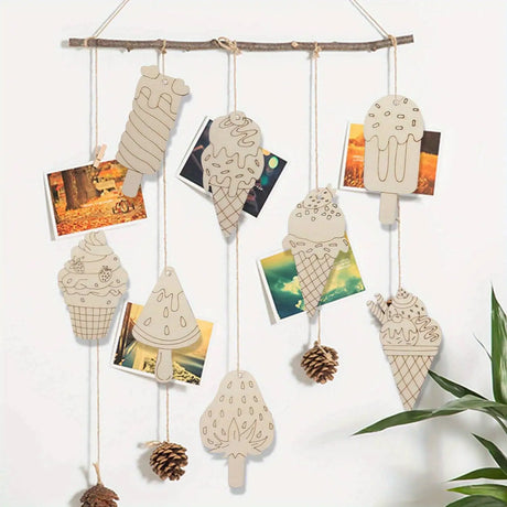 16Pcs Icecream Wooden Crafts Project Unpainted Hanging Ornaments Kids DIY Painting Gifts