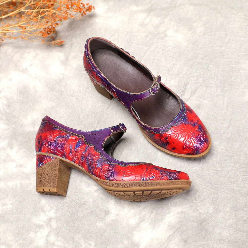 Sally's Embossed Genuine Leather Red Pump Heels Shoes