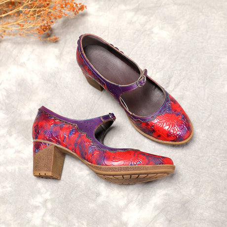 Sally's Embossed Genuine Leather Red Pump Heels Shoes