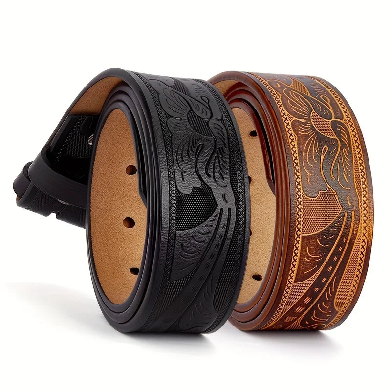 Genuine Leather Vintage Belt No Buckle Embossed Cowhide Strap Western Cowboy Belts