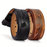 Genuine Leather Vintage Belt No Buckle Embossed Cowhide Strap Western Cowboy Belts