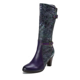Purple Embossed Dragonfly Genuine Leather Long Boots