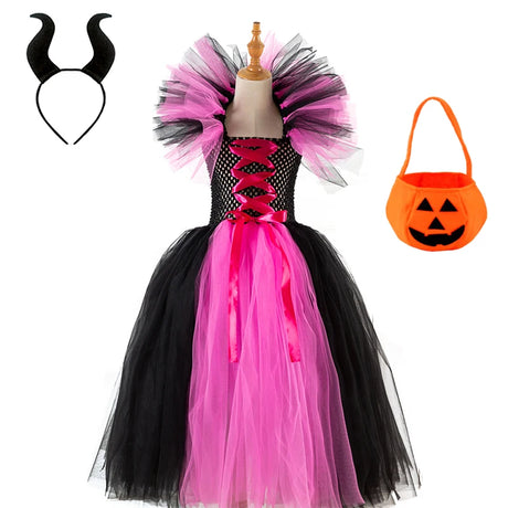 Girls Witch Ghost Vampire Halloween Costume Fluffy Tulle Dress