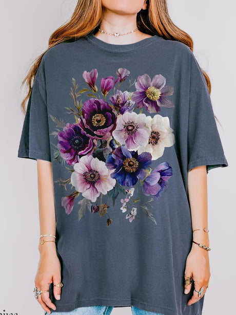 Vintage Pressed Flowers T-Shirt Cottagecore Botanical Purple Floral Cotton Tee
