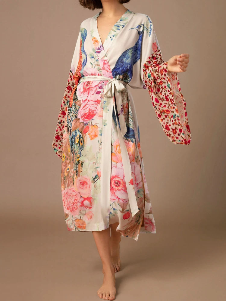 Peacock Floral Print Boho Kimono Cover-ups
