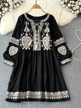 Georgia's Embroidered Boho Cotton Linen Long Sleeves Mini Dress