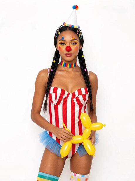 Vintage Circus Carnival Bodysuit Clown Stripes Playsuit Halloween Cosplay Costume
