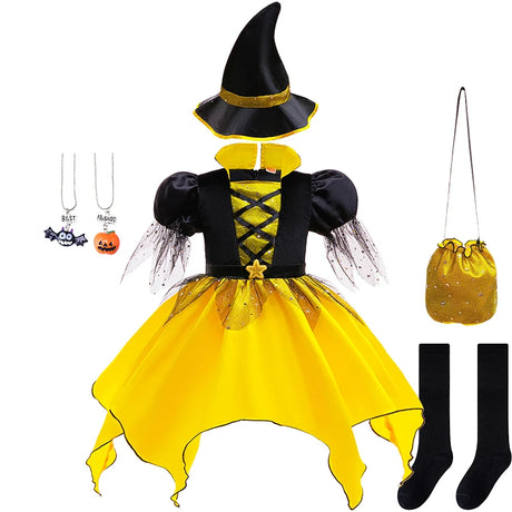 Girls Halloween Cosplay Yellow Witch Costume