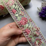 Pale Green & Pinks Embroidered Lace Ribbon DIY Crafts 1 Yard 5cm