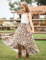 Girls Floral Bow Ruffle Edge Photoshoot Worthy Maxi Dress for 4-12 Years