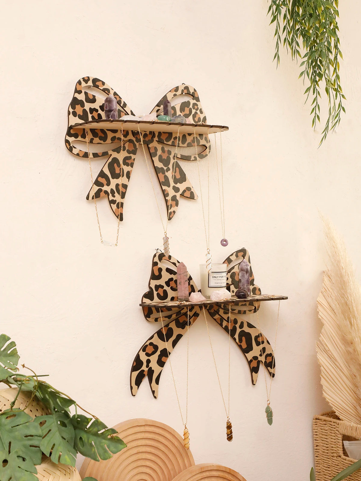 Leopard Print Bow Wall Shelf Wooden Jewellery Display Shelves
