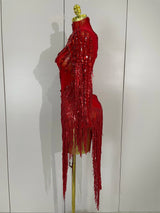 Sparkly Rhinestones Fringed Latin Dance Outfits Stage Performance Costume