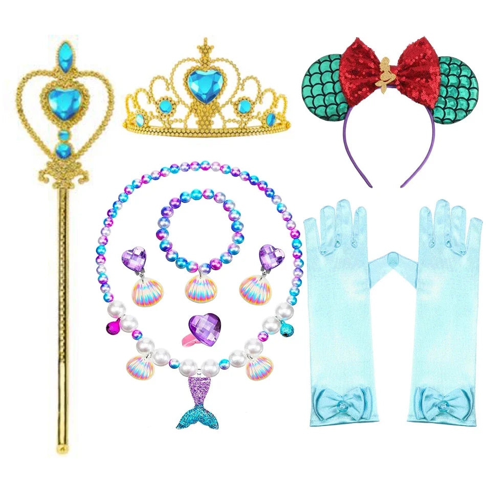 Mermaid Accessories Gloves Wand Crown Jewellery Set Wig Necklace Braid Cosplay Halloween Birthday Party