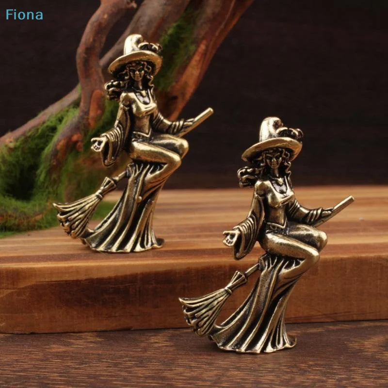 Brass Witch on Broom Figurine Tea Pet