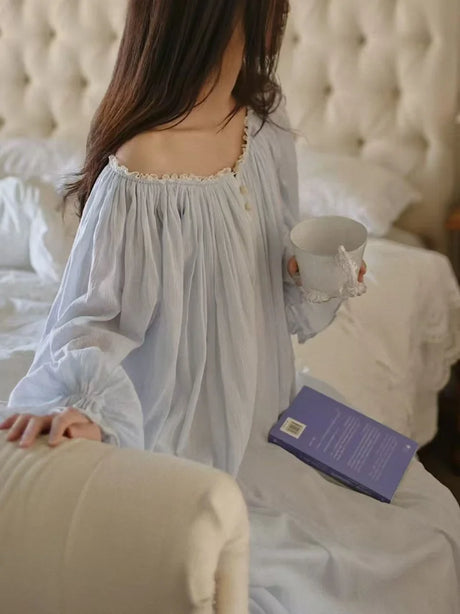 Victorian Pale Blue Vintage Long Nightgown 100% Cotton Full Sleeves Nightdress