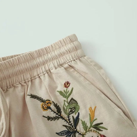 Terra's Boho Summer Cotton Linen Short Sets Camis Top Floral Folk Style Embroidery