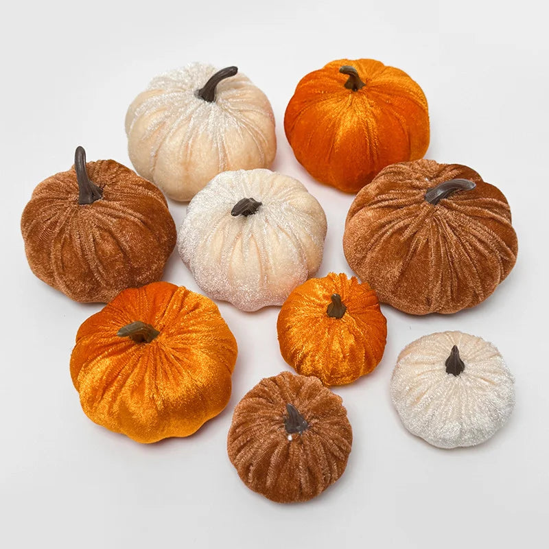 9pcs Velvet Artificial Pumpkins 3 Size Mixed Halloween Party Thanksgiving Home Table Decoration Autumn Fall Decor