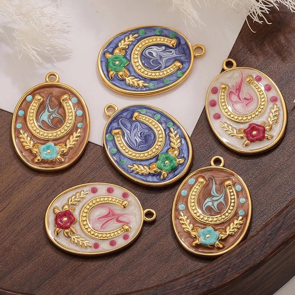 Two Horseshoe Fortune Enamel Charms Stainless Steel Gold Plated Pendant DIY Jewellery Earring Making Materials