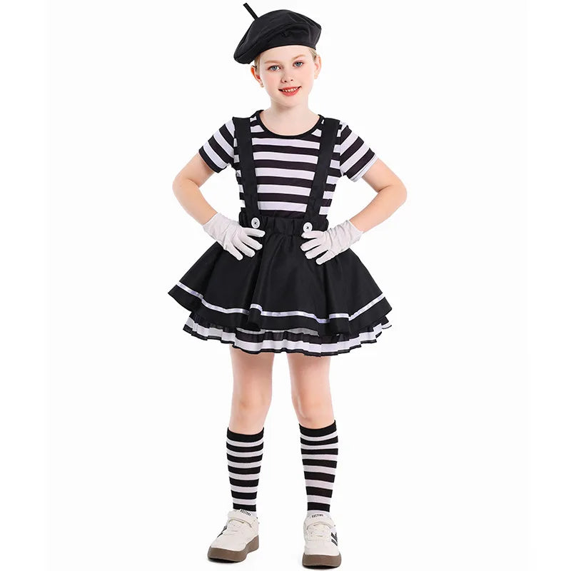French Mime Pantomime Actor Clown Halloween Girls Stage Performance Costume Outfits Top+Strappy skirt+Hat+Gloves