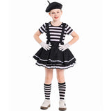 French Mime Pantomime Actor Clown Halloween Girls Stage Performance Costume Outfits Top+Strappy skirt+Hat+Gloves