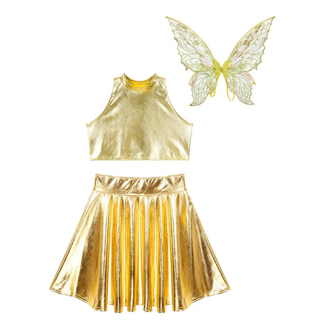 Festival Fairy Cosplay Costume Sleeveless Crop Top, High Waist Flared Skirt And Butterfly Wings Set