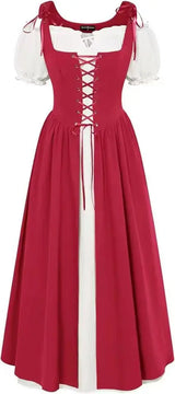 Medieval Cosplay Costume Women Two Layer Lace Up Bodice Dress