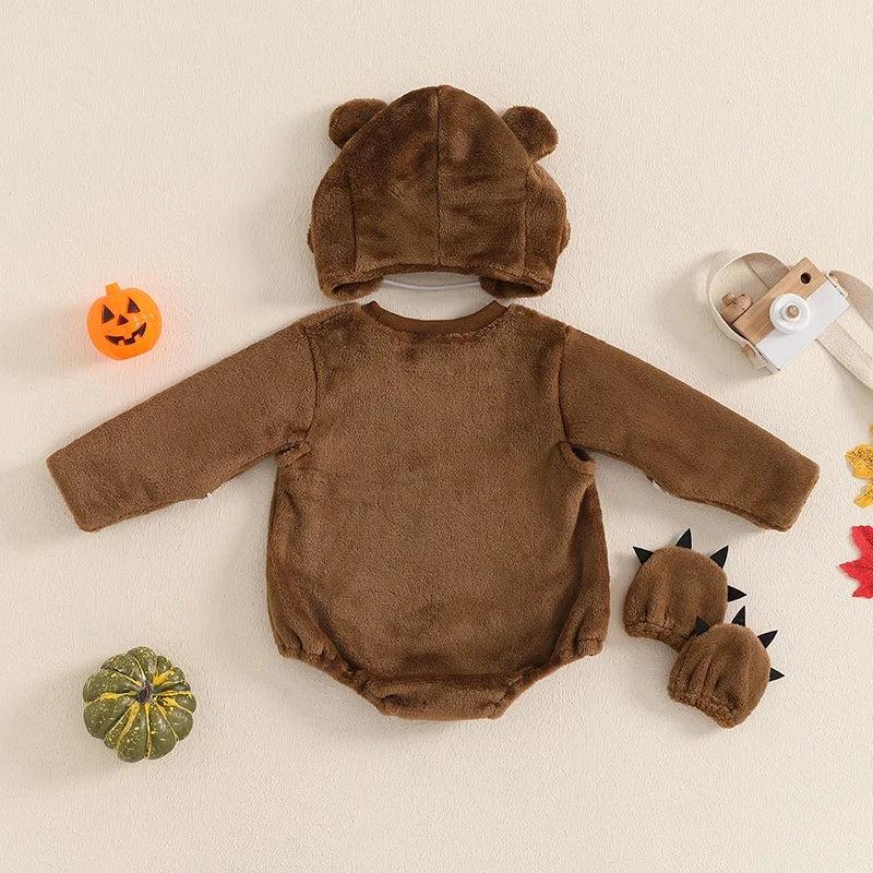Grizzly Bear Baby Romper Set Jumpsuit with Hat and Gloves