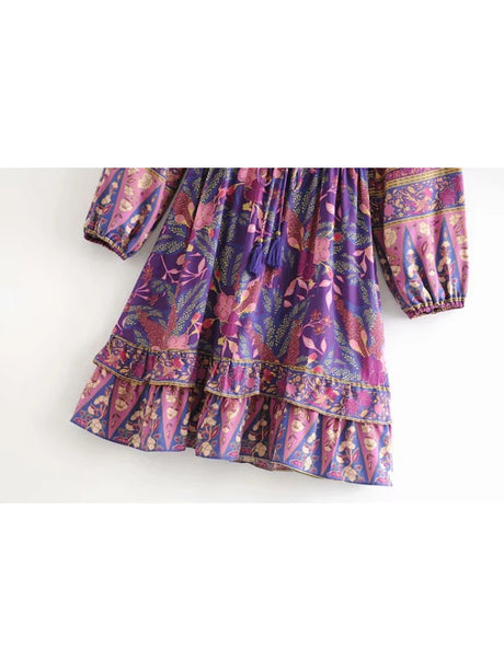 Elhiza's Purple Boho Mini Dress Lantern Sleeve