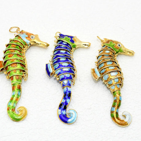 One Big 10cm Seahorse Cloisonné Enamel Movable Joint Pendant Charm DIY Jewellery Making