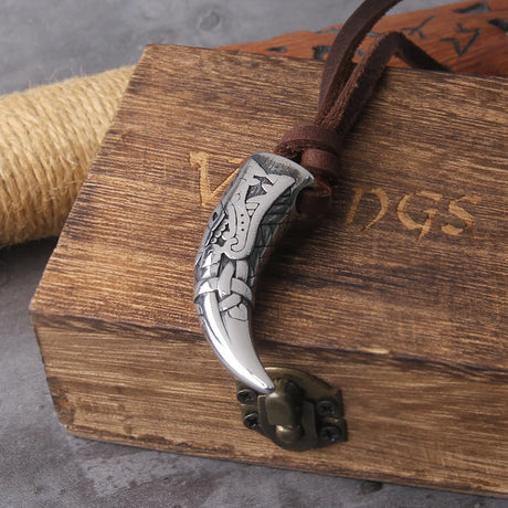 Viking Wolf Fang Stainless Steel Pendant Necklace For Men with Wooden Gift Box