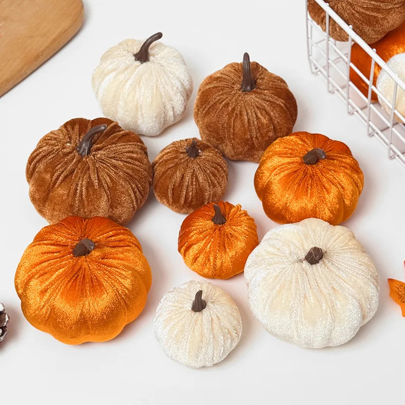 9pcs Velvet Artificial Pumpkins 3 Size Mixed Halloween Party Thanksgiving Home Table Decoration Autumn Fall Decor